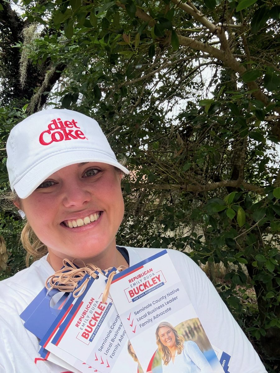 A Team Emily volunteer with campaign literature